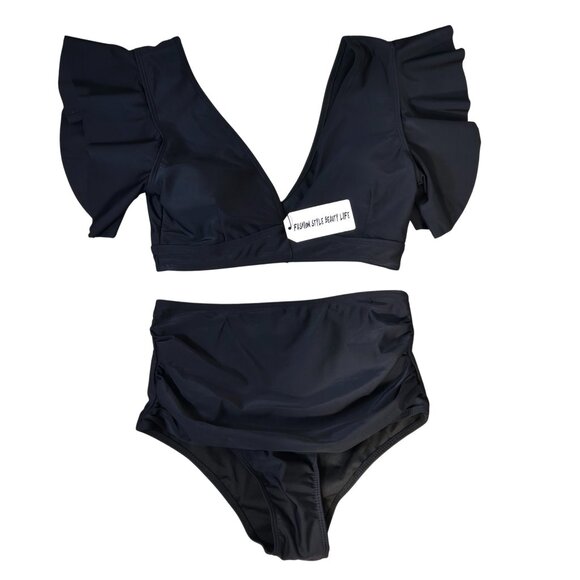 NWT | Black Ruffle Sleeve High Waisted Tummy Control Bikini Swimsuit | Medium - Picture 1 of 7